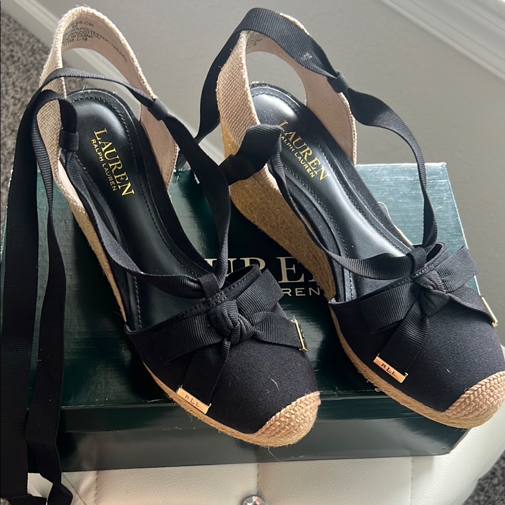 Ralph Lauren Black Espadrille Wedge Shoes